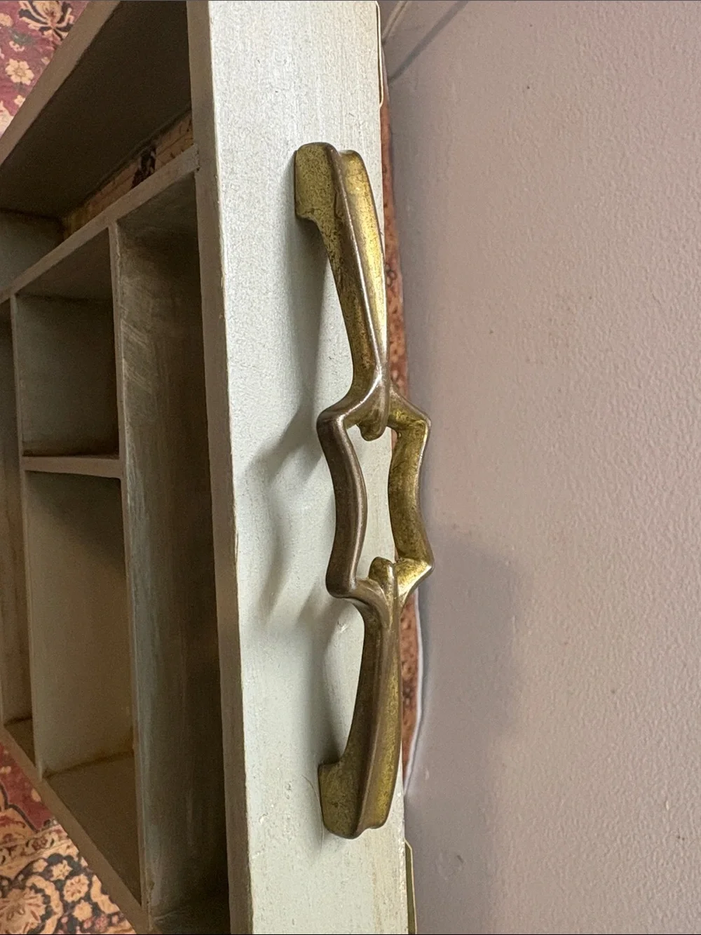 Vintage-Style SageGreen Wooden Wall Shelf with Brass Handle
